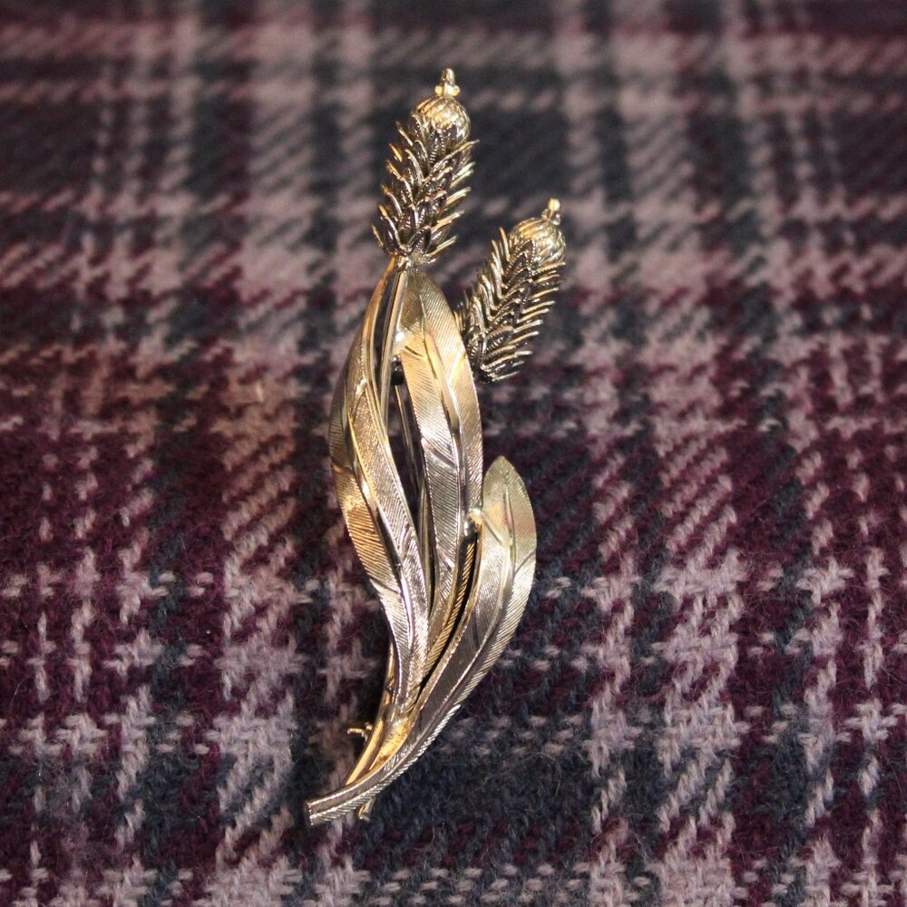 Vintage Articulated Cattails Large Silver Tone Brooch Pin